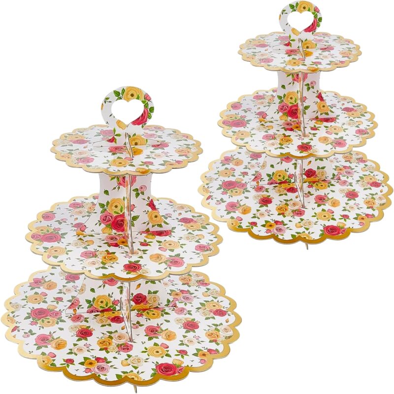 Suport din carton cu 3 etaje pentru cupcakes, prajituri, candybar, stand cu margine dantelata si model floral foarte dragut, ideal pentru petreceri, acasa, 2 bucati, 32,7 cm inaltime