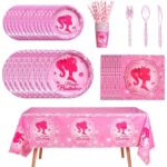 Set tacamuri de unica folosinta pentru 16 copii, barbie, petrecere aniversare, carton, 134 pcs, roz