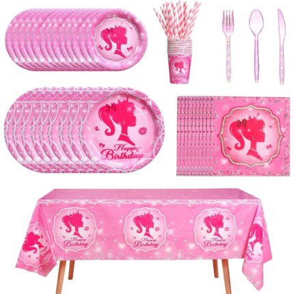 Set tacamuri de unica folosinta pentru 16 copii, barbie, petrecere aniversare, carton, 134 pcs, roz