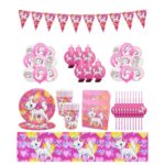 Set vesela petrecere Pisicuta Marie pentru 10 copii ANTADESIM, servirea mesei si decorare cu pahare, farfurii, servetele, paie, 6 dragoni de suflat, stegulete decorative, fata de masa, baloane, Roz
