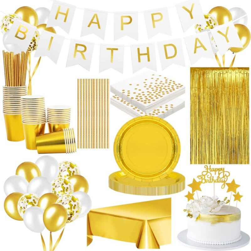 Set 143 piese vesela pentru petrecere format din farfurii, servetele, pahare, paie, fata de masa, banner, toppere tort, baloane, decoratiune, ideal pentru adulti sau copii, auriu si alb