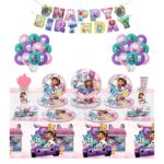 Set 128 piese vesela petrecere Gabby’s Dollhouse pentru 10 copii ANTADESIM, servirea mesei si decorare cu pahare, farfurii mari si mici, servetele, linguri, furculite, cutite, paie, stegulete decorative, fata de masa, 36 baloane, Roz