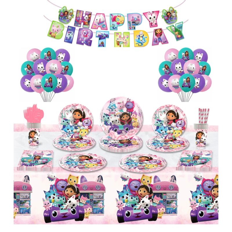 Set 128 piese vesela petrecere Gabby’s Dollhouse pentru 10 copii ANTADESIM, servirea mesei si decorare cu pahare, farfurii mari si mici, servetele, linguri, furculite, cutite, paie, stegulete decorative, fata de masa, 36 baloane, Roz
