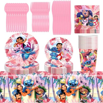 Set vesela pentru 10 Copii, Lilo & Stitch, Petrecere Aniversara, Carton, Roz