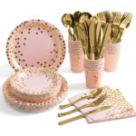 Set 175 Piese de Vesela pentru Petrecere, Roz/Auriu, pentru 25 Persoane