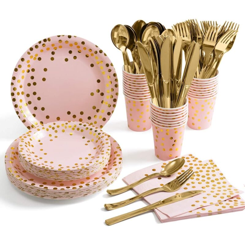 Set 175 Piese de Vesela pentru Petrecere, Roz/Auriu, pentru 25 Persoane