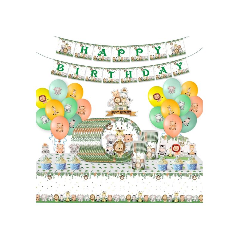 Set vesela si decoratiuni petrecere, 16 persoane, 93 de piese, farfurii, fata de masa, decoratiuni, pahare, Animalele din jungla, Alb/Verde/Portocaliu