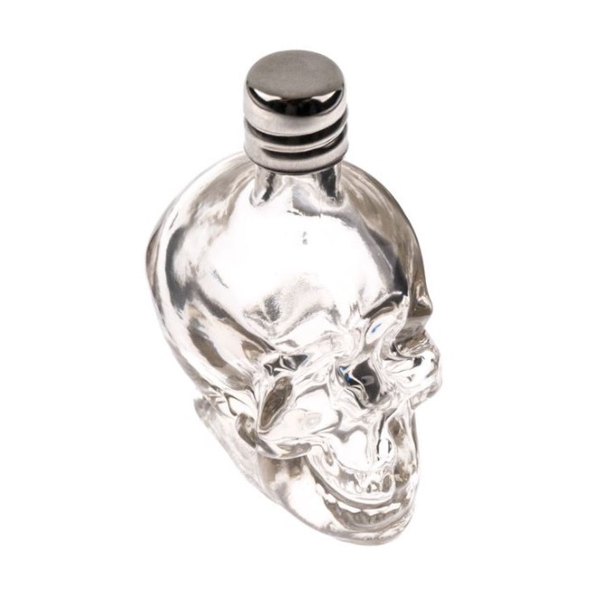 Sticla transparenta pentru shot-uri, design cap de mort in relief, pentru petrecere horror Halloween, 50 ml