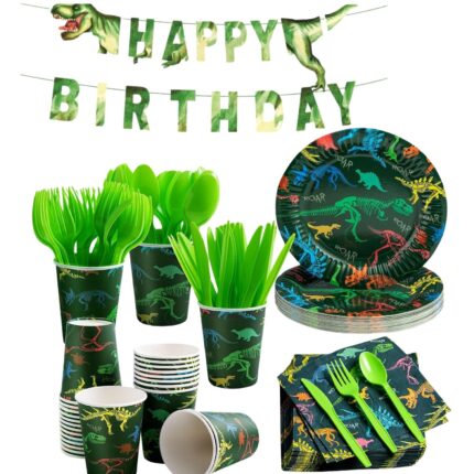 Set de accesorii petrecere aniversara, Simply Joy®, 145 Piese, Tematica Dinozauri, Banner “Happy Birthday”, Farfurii, Pahare, Servetele, Lingurite, Furculite, Cutite, Multicolor
