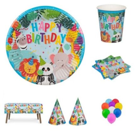 Set Accesorii Petrecere Copii cu farfurii, pahare, servetele, fata de masa, baloane, coifuri, 47 piese