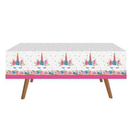 Fata de masa din plastic Sleepy Unicorn Shopiens® pentru petrecerea fetitelor, alba cu model unicorn cu flori, 180 x 120 cm