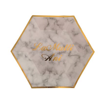 Set 8 buc farfurie tort alb, auriu, 23 cm, hexagon, la multi ani