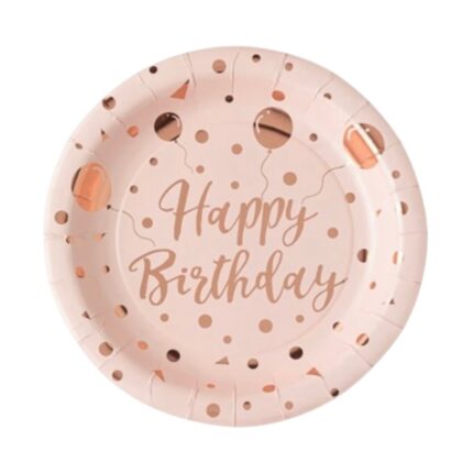 Set 6 farfurii pentru aniversari sau petreceri de copii, roz/auriu, '' Happy Birthday'', 23 cm