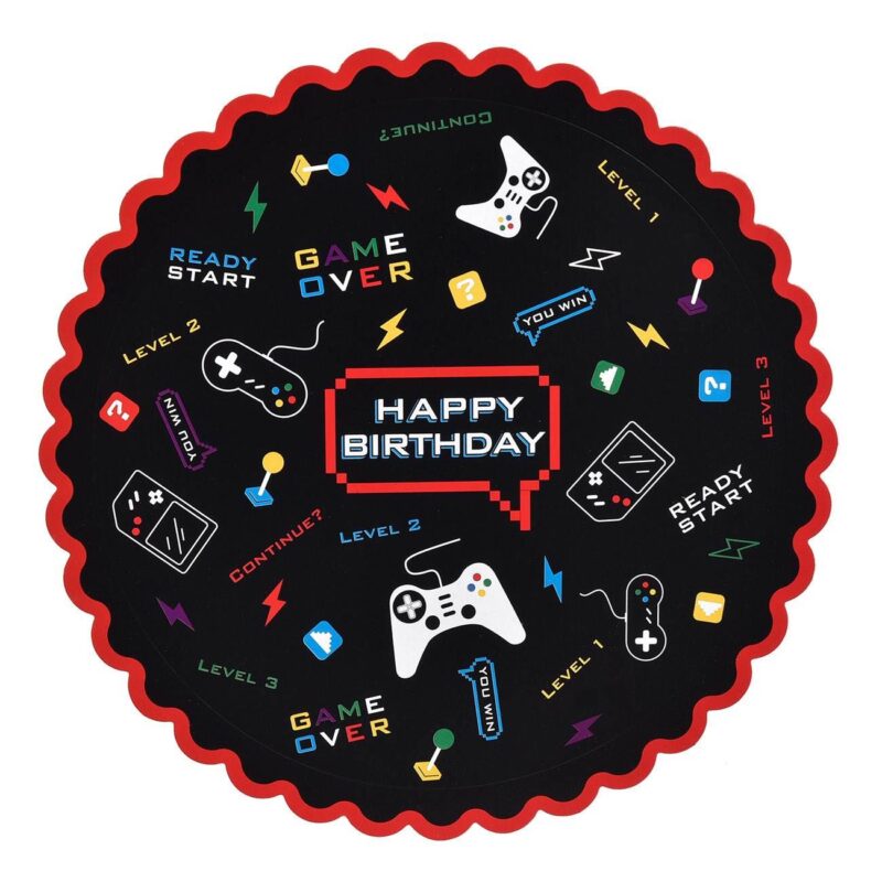 Suport din carton pentru tort Micul Gamer Shopiens®, cu modele gaming, pentru petrecerea copiilor, 29 cm