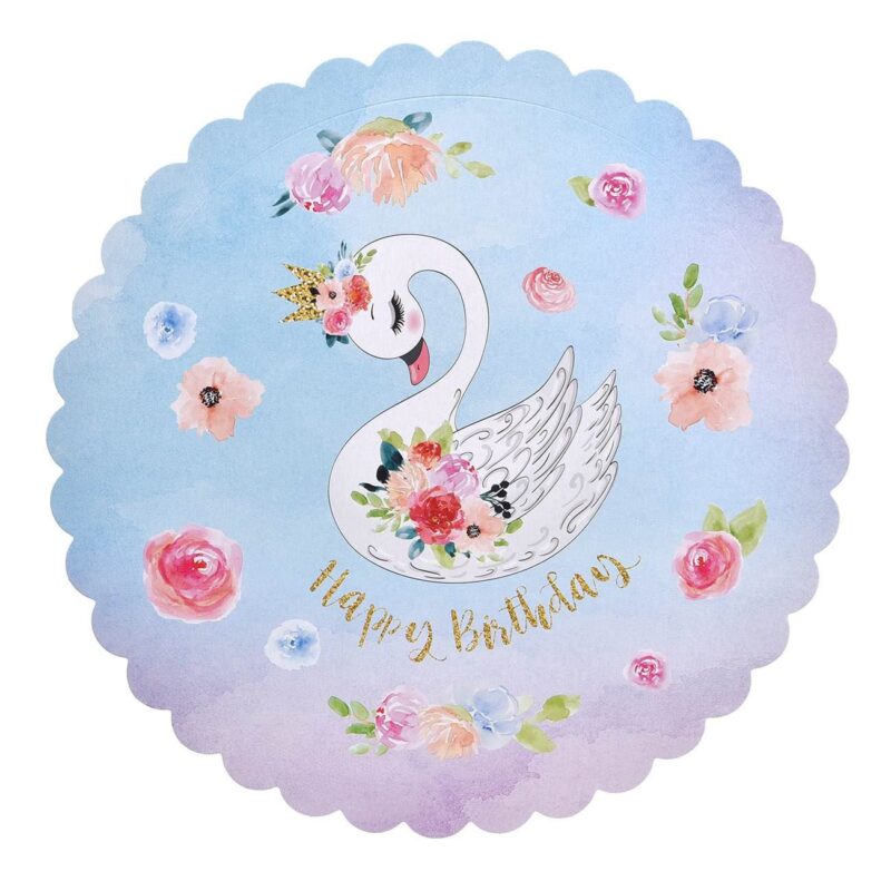 Suport pentru tort din carton Micuta Lebada Shopiens®, cu design de lebada, flori si mesaj auriu „Happy Birthday”, 29 cm