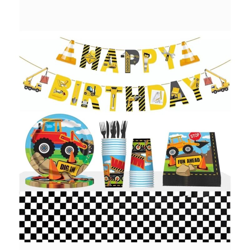 Set vesela si decoratiuni pentru copii, Tematica Construcrii, 62 piese, Multicolor
