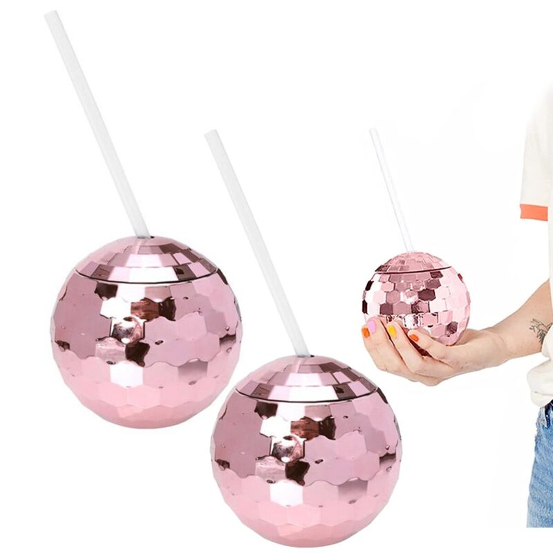 Set 2 pahare disco ball, QttvbTna, plastic, cu paie, 600 ml, 108 mm, roz