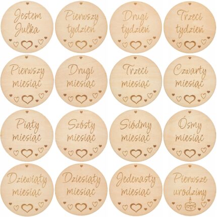 Set 16 Tablici Lemn, TECHREBAL, Personalizate, 9cm, pentru Fotografii Bebelusi