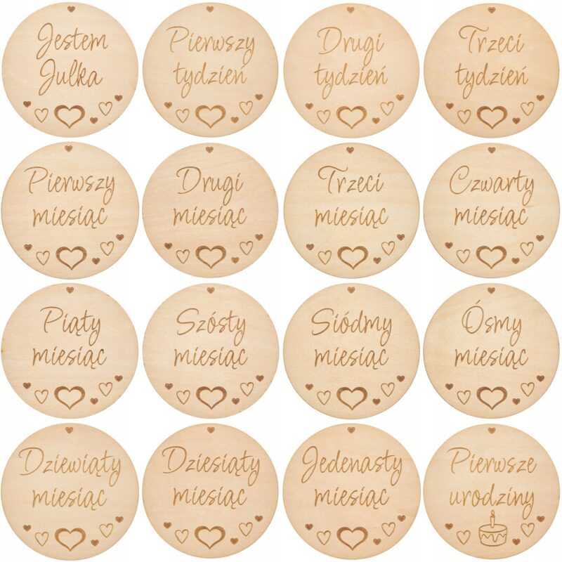 Set 16 Tablici Lemn, TECHREBAL, Personalizate, 9cm, pentru Fotografii Bebelusi