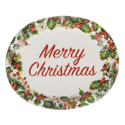 Set 15 farfurii mari carton pentru Craciun, Tema Merry Christmas, 31 x 26 cm, alb - verde