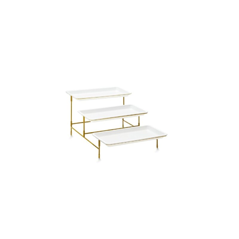 Suport de servire cu 3 nivele pentru mancare Lifewit, 30 x 17cm pentru servirea alimentelor, tavi albe reutilizabile, ideal pentru fructe, prajituri, deserturi, alb si auriu