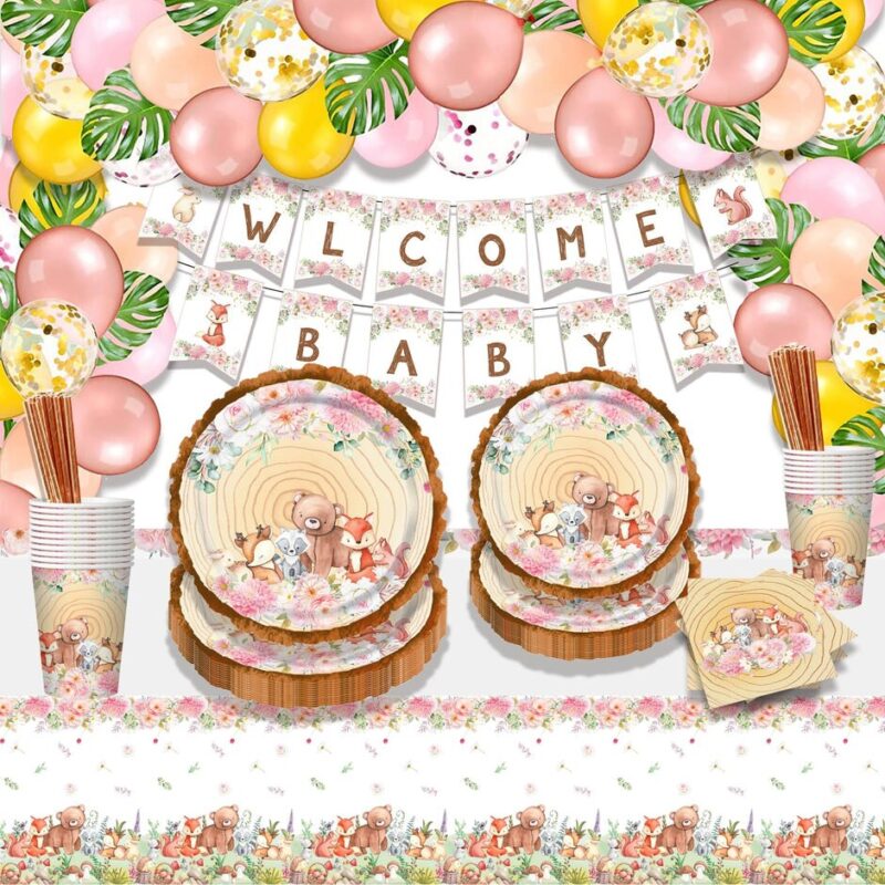 Set 185 baloane si decoratiuni Woodland Baby Shower pentru fetite, Roz