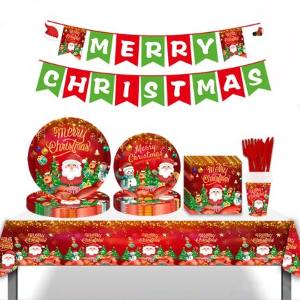 Set 81 piese vesela petrecere de Craciun pentru 10 persoane ANTADESIM, servirea mesei si decorare cu pahare, farfurii, servetele, stegulete decorative, linguri, furculite, cutite, fata de masa, Rosu