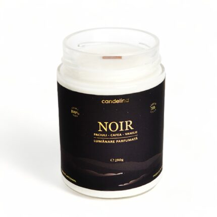 Lumanare parfumata din soia cu fitil lemn, Candelina, NOIR - Paciuli, Cafea, Vanilie, handmade, ceara naturala, ardere 70h, 280 g