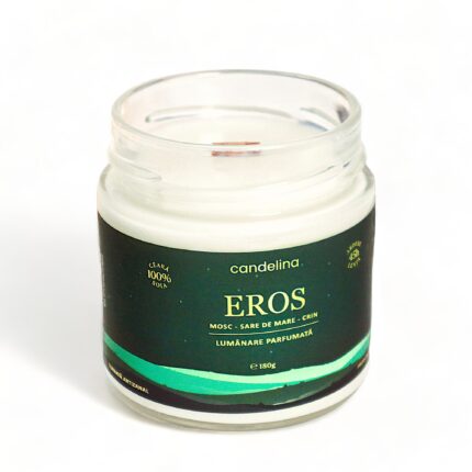 Lumanare parfumata din soia cu fitil lemn, Candelina, Eros - Mosc, Sare de Mare, Crin, handmade, ceara naturala, ardere 45h, 180 g