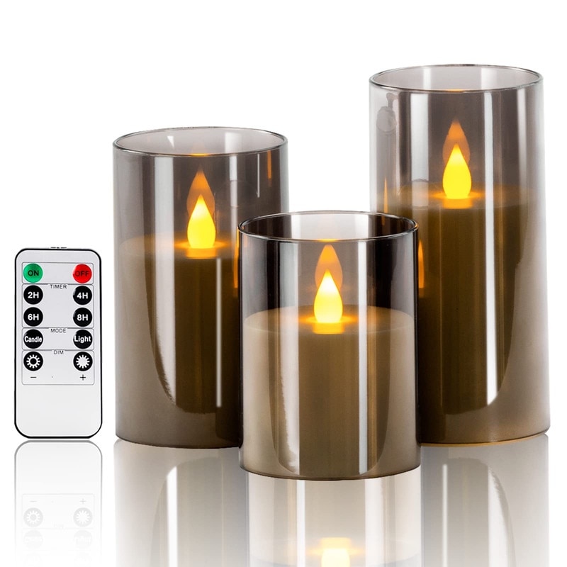 Set de 3, Lumanari fara flacara LED cu temporizator, din acril, operate cu baterii (Φ 7.5 cm / H 10 cm 12 cm 15 cm), alb fildes, gri