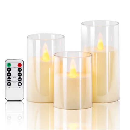 Set de 3, Lumanari fara flacara LED cu temporizator, din acril, operate cu baterii (Φ 7.5 cm / H 10 cm 12 cm 15 cm), alb fildes