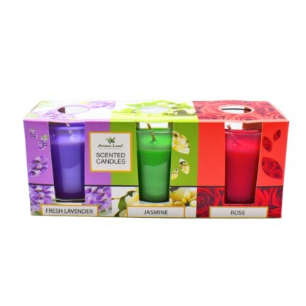 Set 3 lumanari pahar, Iasomie+Lavanda+Trandafir , Aroma Land, 10 ore