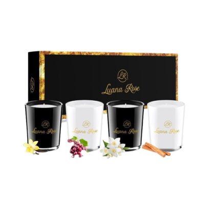 Set 4 lumanari parfumate Luana Rose, ceara de soia 100% naturala, cu ulei esential, 4x70g, 40 h, cu parfum de vanilie, gref, iasomie si scortisoara