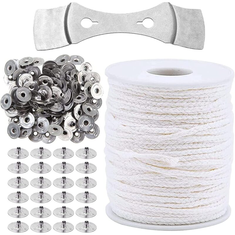 Set pentru fabricare lumanari, fitil din bumbac, 61m, 1 suport metalic, 100 bile de fier, alb/gri