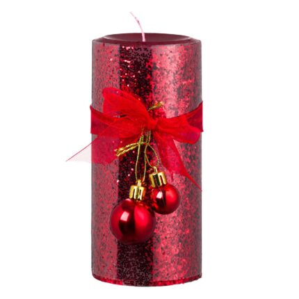 Lumanare de Craciun Shopiens® Rosie cu Glitter si Globuri Rosii, 7 x 15.5 cm