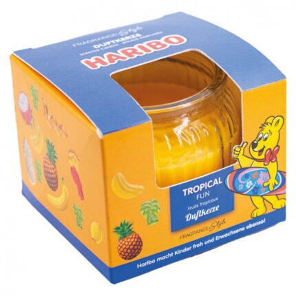 Ceara parfumata cu aroma Tropicala Haribo, lumanare cu parfum rezistent de fructe, 85 g