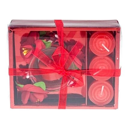 Set format din pahar de sticla, flori decorative si patru pastile din ceara, 15x12 cm rosu