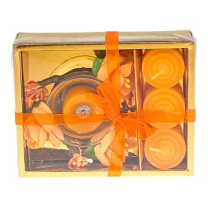 Set format din pahar de sticla, flori decorative si patru pastile din ceara, 15x12 cm portocaliu