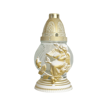 Candela din sticla transparenta cu capac si ornament din plastic, model ingeras