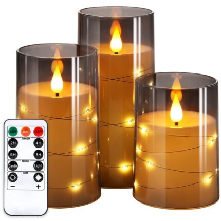 Set Lumanari Electrice cu Luminite, Telecomanda si Timer, Acrilic, Gri, 7.5x10/12.5/15cm