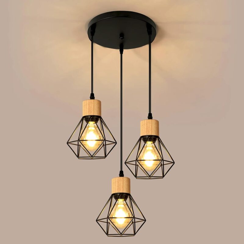 Candelabru Diamantat Cu Trei Capete, Mckalen, Metal/Lemn, E27, Dimensiune Abajur 16*21cm, Sasiu Rotund 30cm, Negru/Lemn