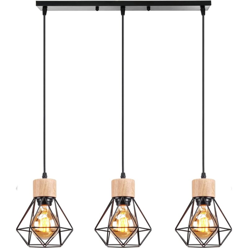 Candelabru Diamantat Cu Trei Capete, Mckalen, Metal/Lemn, E27, Dimensiune Abajur 16*21cm, Sasiu Dreptunghiular 50*5cm, Negru/Lemn