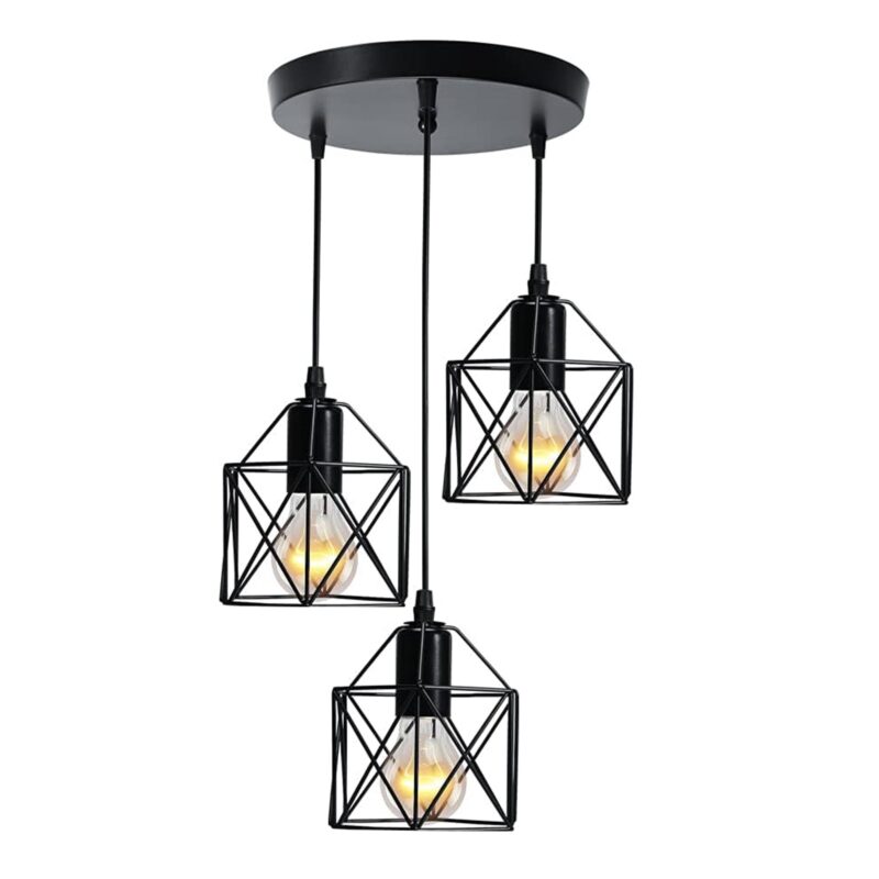 Candelabru, SINBINTA, 3 Capete, Baza rotunda, Fir de pandantiv 1.5m, Ajustabile, E27, 60W, Modern vintage, Usor de instalat, Rezistent la coroziune, Prevenirea ruginii, Fier, Negru