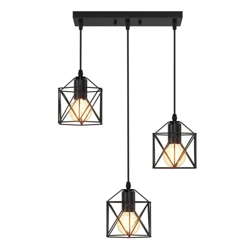Candelabru, SINBINTA, 3 Capete, Baza patrata, Fir de pandantiv 1.5m, Ajustabile, E27, 60W, Modern vintage, Usor de instalat, Rezistent la coroziune, Prevenirea ruginii, Fier, Negru