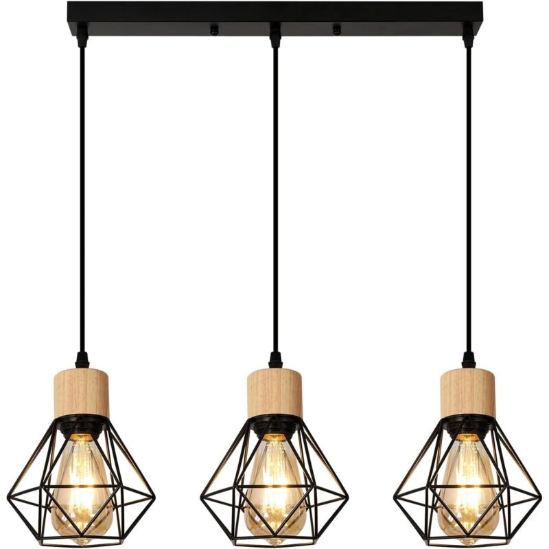 Candelabru, Goeco, Trei Capete, Diamant, Negru + Lemn, Fir Suspendat 1 Metru (reglabil), E27, Sursa de lumina nu este inclusa