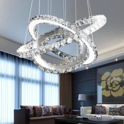 Lustra LED8232 60W Cristal 3 Segmente Candelabru Pendul Lumina Led Rotund, Pandantiv de cristal din sticla, cu trei inele sufragerie, dinning, dormitor