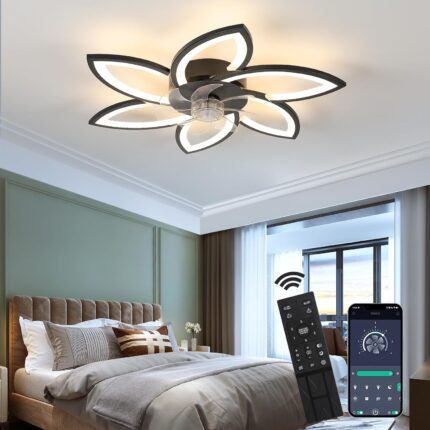 Candelabru LED, Toolight, 54W, Cu Control Remot Dimabil LED, Cu 7 Pale de Ventilator, Silentios Reversibil, pentru Sufragerie, Dormitor, Negru