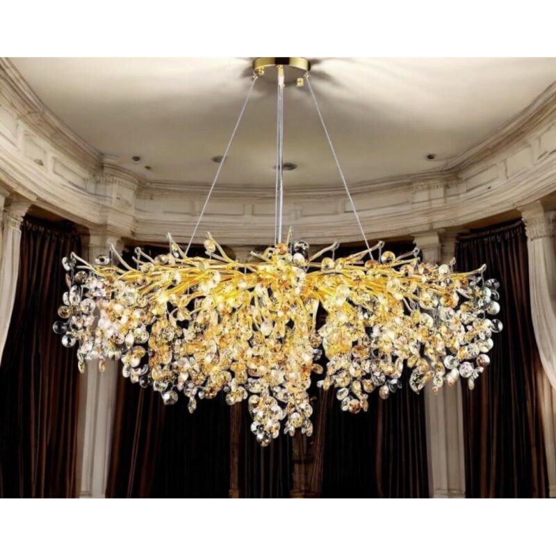 Candelabru suspendat, lungime 65cm, latime 35cm, inaltime ajustabila, 9 x E14, cu 700 piese cristal transparente si aurii, schelet auriu, ramificatii usor flexibile, AVI-4381