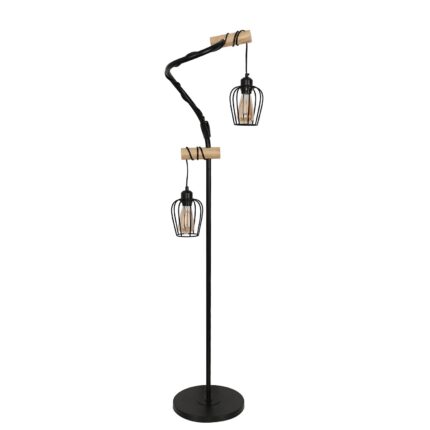 Lampa De Podea E27, Goeco, Cu Doua Capete, Negru + Lemn, 36x30x154 Cm, Comutator European Cu Buton, Fara Sursa De Lumina