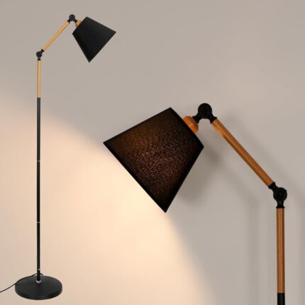 Lampa de podea, Goeco, Negru + Culoarea Granulatiei Lemnului, H180*D28cm, 18×15CM, Comutator European 1, 8m, E27, Fara sursa de lumina
